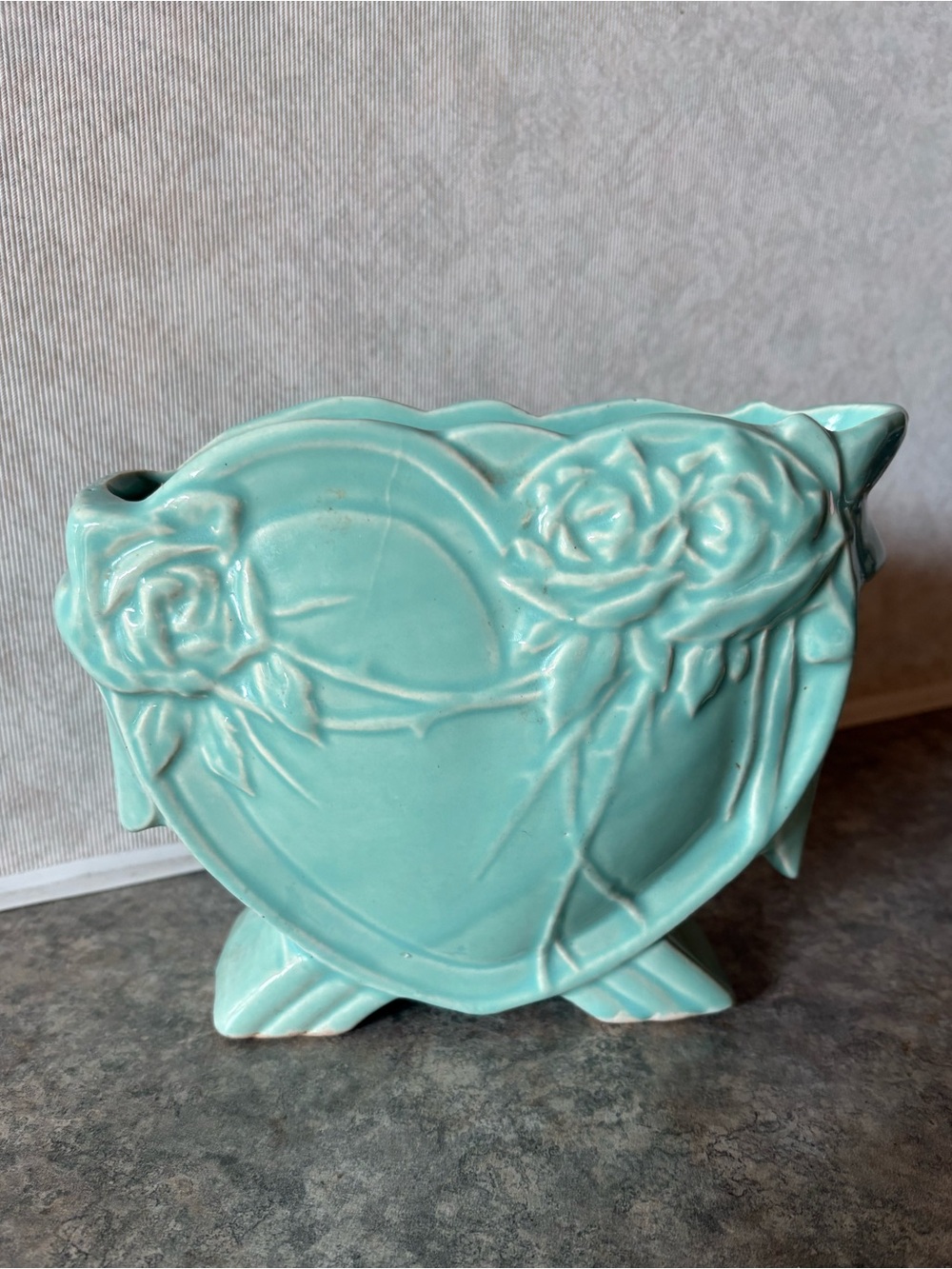 Vintage 40s McCoy Heart Shaped Vase in Aqua/Turqoise with Rose Details USA